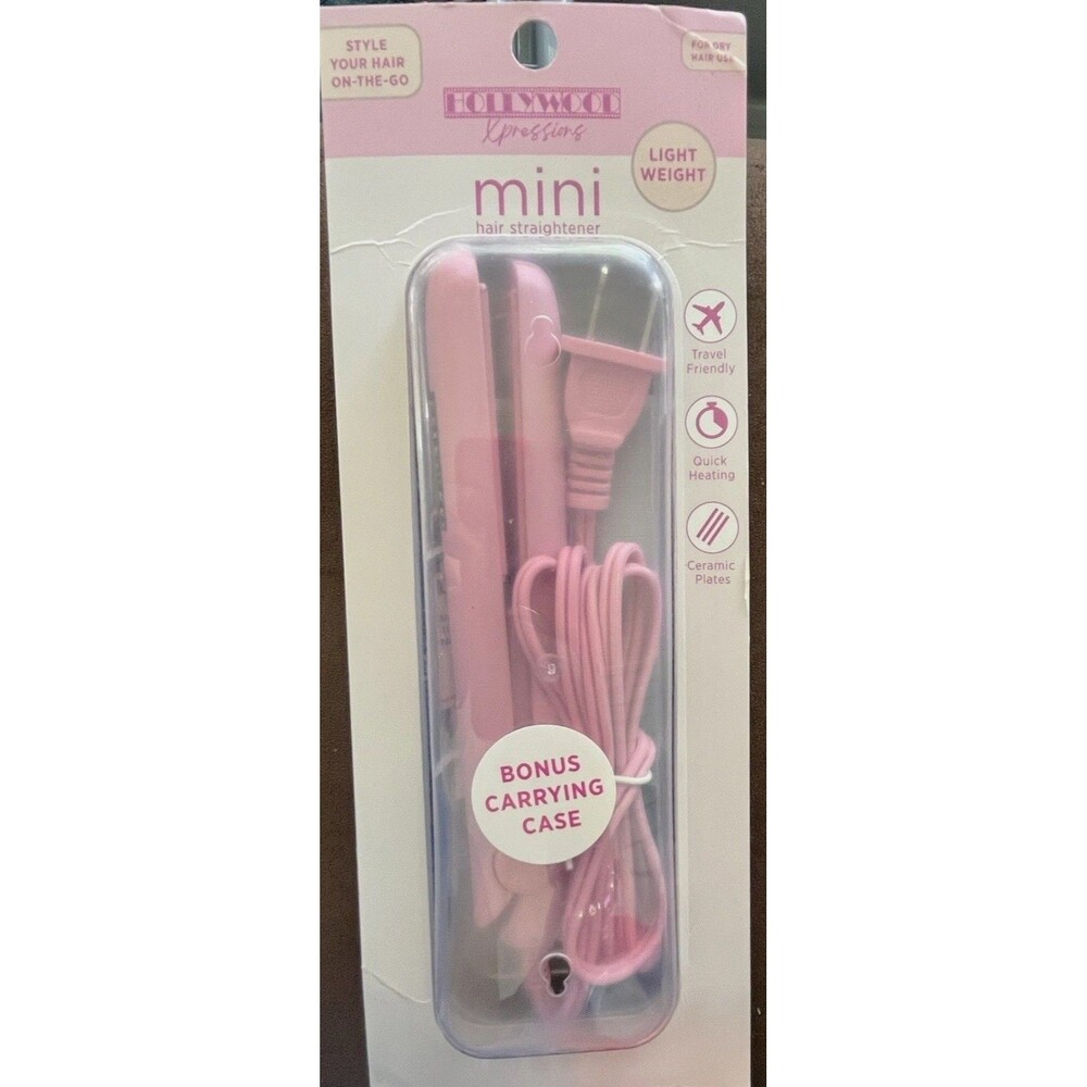 Hollywood Mini Hair Straightener Pink Ceramic Plates Quick Heat Travel Case